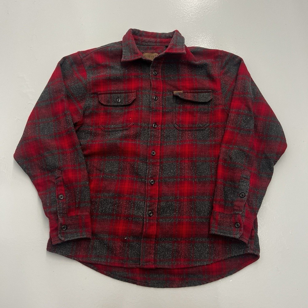 Orvis Heavy Flannel Shirt Overshirt Shacket Mens Large Red Gray Plaid Pockets